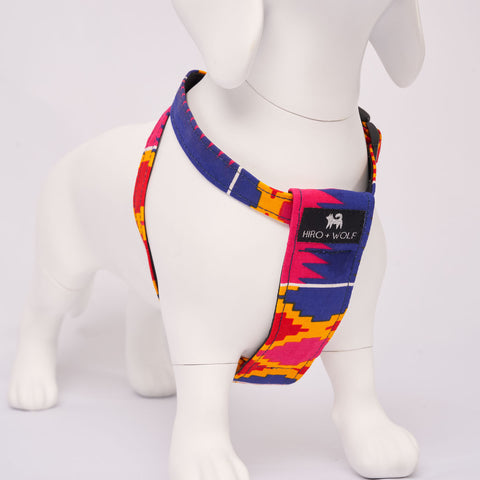 White dog model wearing a colorful Dakar harness on a light Grey background - Side view