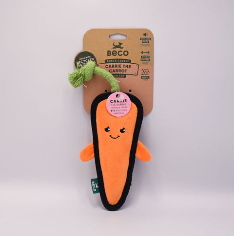 Carrot-shaped toy with a smiling face on a white background, featuring the Beco brand.