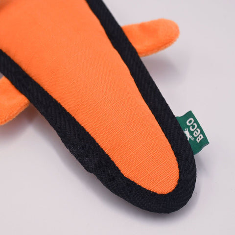 Orange Toy detail with Beco brand tag on a light gray background