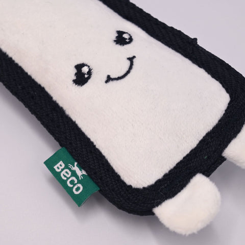 White and black toy with a smiley face design and Beco label on a light Grey background