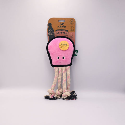 Ollie, Plush Octopus Dog Toy from Beco. Front view with packaging.