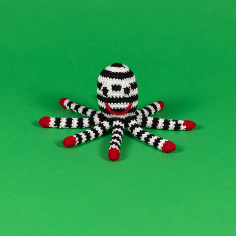 Dog Playing Hand Crochet Octopus Squeaker Dog Toy With legs opened in green background