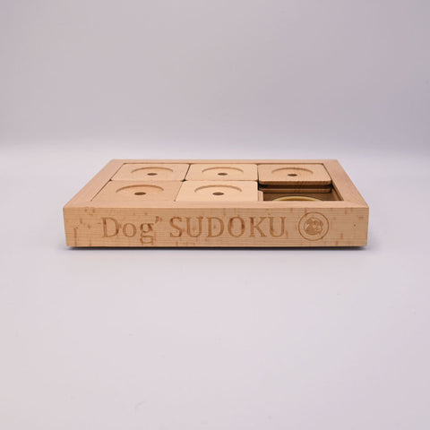 Wooden dog Sudoku puzzle on a light gray background