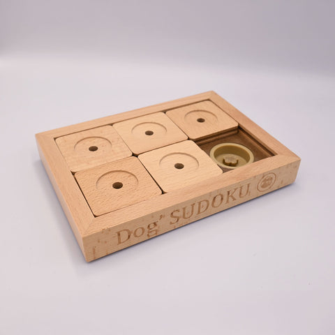 Wooden dog Sudoku puzzle on a light gray background