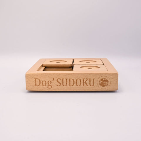 Wooden 'Dog Sudoku' puzzle on a light gray background