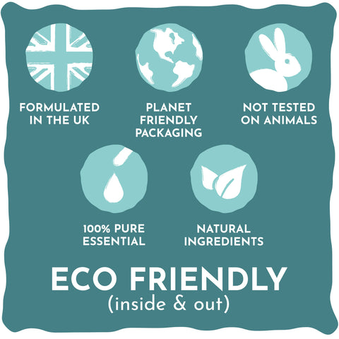 Green label with eco-friendly icons and text on a teal background