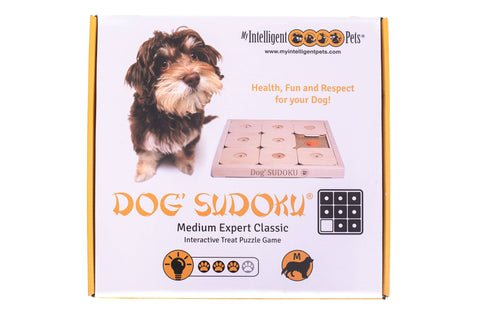 Dog Sudoku puzzle game packaging with a dog illustration on a white background