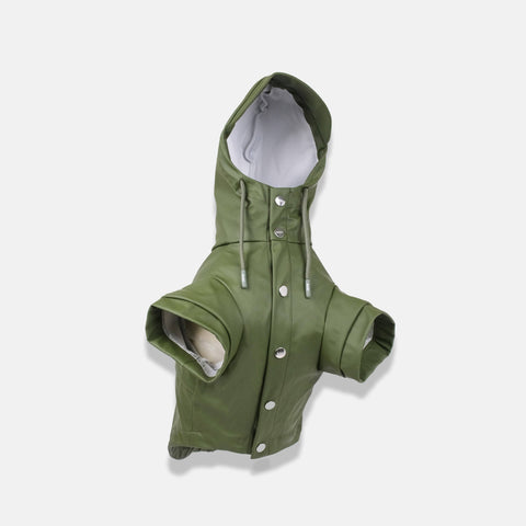 Green raincoat with buttons on a white background