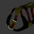 Dog harness with reflective stripes on a dark background