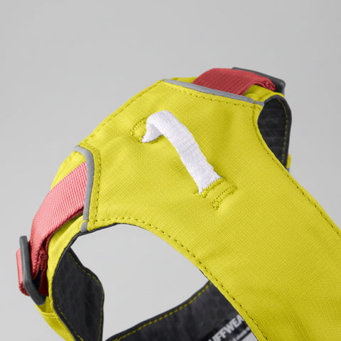 Ruffwear Yellow dog harness with red accents on a white background