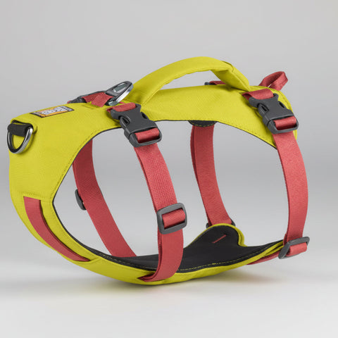 Ruffwear flagline Yellow and red dog harness with black buckles on a white background