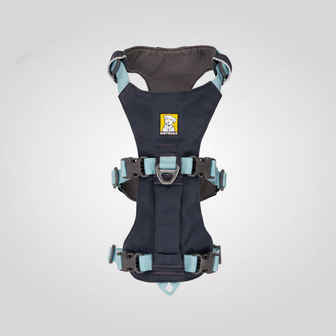 Black and gray safety ruffwear harness with a brand logo on a white background