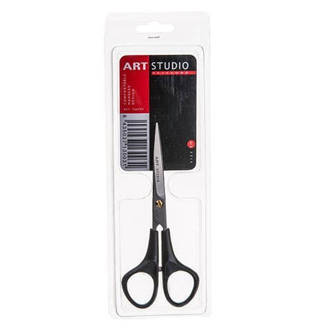 Black Art Studio scissors in a clear plastic retail blister pack with a white backing card and a red-and-black brand label.