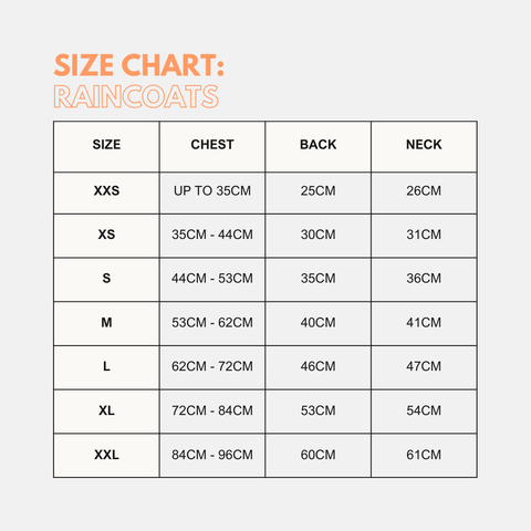Size chart for raincoats with measurements in centimeters.