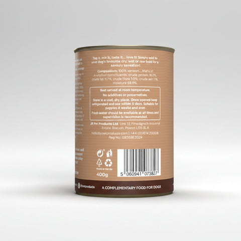 JR Pure Venison Topper & Mixer 400g can back with nutritional info — Sparkly Tails