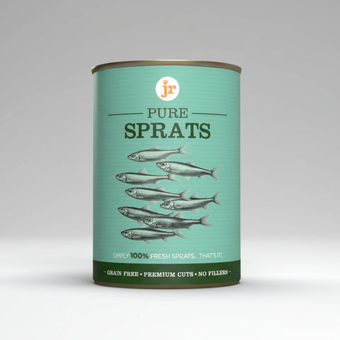 Can of Pure Sprats with JR logo on a white background