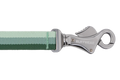 Dog leash with green strap and silver clasp on a white background