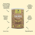 Gizzl's calming dog treats canister with text highlighting features on a beige background