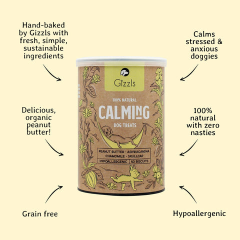 Gizzl's calming dog treats canister with text highlighting features on a beige background
