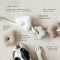 Dog toys with text describing features on a beige background, with a dog's paws visible.