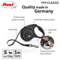 Flexi New Classic S Tape Lead 5m Black — handle close-up showing lock button — Sparkly Tails