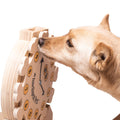 Dog interacting with a wooden puzzle toy on a white background