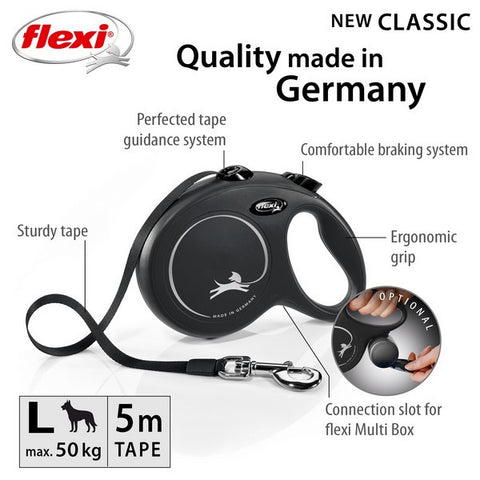 Flexi New Classic L Tape Lead 5m Black — handle close-up showing lock button — Sparkly Tails