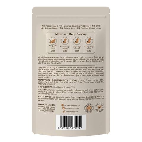 Back of a dog beef broth packaging with the information about the ingrdients