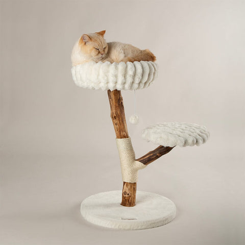Scruffs Alpine Atlas Cat Tree in cream with cat sleeping — Sparkly Tails