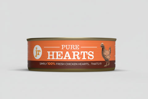 Can of Pure Hearts chicken hearts on a white background