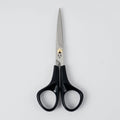 A pair of professional hairdressing shears with black plastic handles and silver stainless steel blades, featuring a small gold-colored pivot screw and a logo on the blade, set against a plain white background.