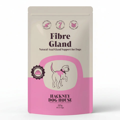 Fibre Gland supplement packaging for dogs by Hackney Dog House on a white background