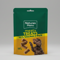 Natures Menu meaty treats packaging for dogs with chicken and pork on a white background
