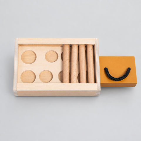 Wooden puzzle with circular pieces in a box on a white background