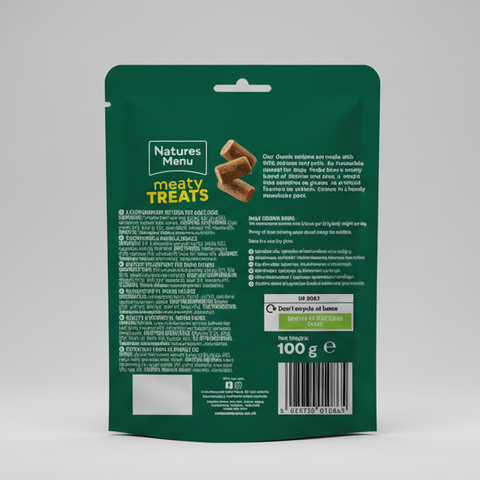 Natures Menu meaty treats packaging on a white background