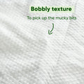 Close-up of a textured white surface with text indicating 'Bobbly texture' and 'To pick up the mucky bits'.