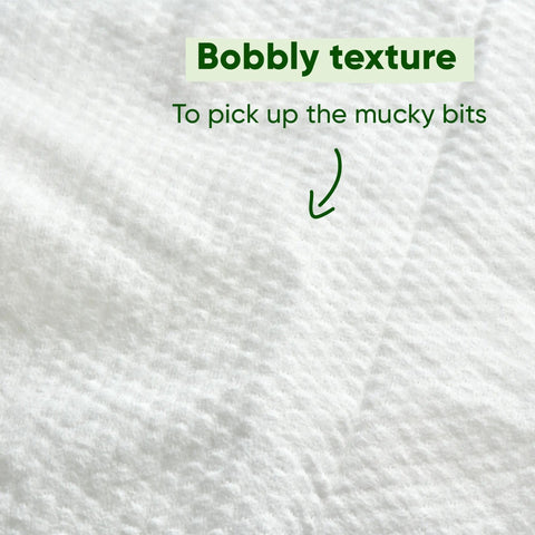 Close-up of a textured white surface with text indicating 'Bobbly texture' and 'To pick up the mucky bits'.