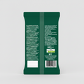 Back view of a green pet food package with text and a barcode on a white background
