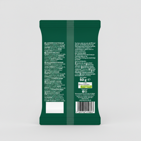 Back view of a green pet food package with text and a barcode on a white background