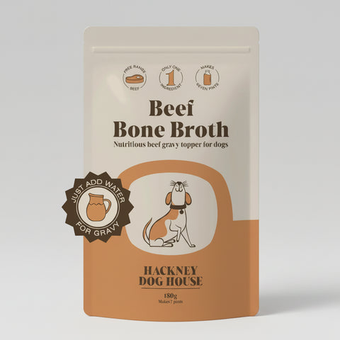 Package of Hackney Dog House Beef Bone Broth for dogs on a white background
