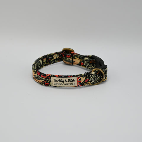 Dog collar with floral pattern and 'Barkley & Fetch' label on a neutral background.