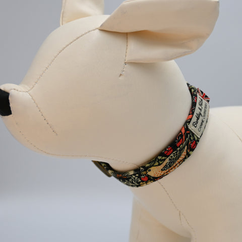 Dog collar with floral pattern on a mannequin dog head against a Grey background
