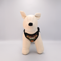 Dog harness with decorative pattern and 'Barkley & Fetch' label on a mannequin.