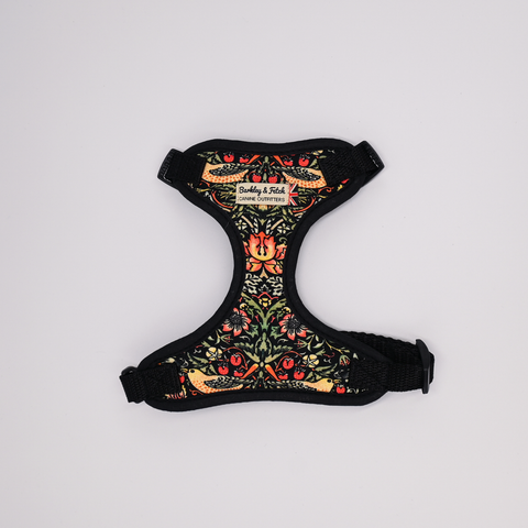 Decorative dog harness with floral pattern on a white background