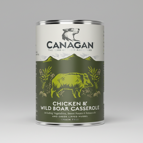 Canagan canned dog food can with a wolf logo on a white background