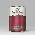 Canagan can of Venison & Wild Boar Stew on a white background