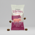 Canagan Wild Bites Sausages packaging with illustrations of a cow and pig on a white background