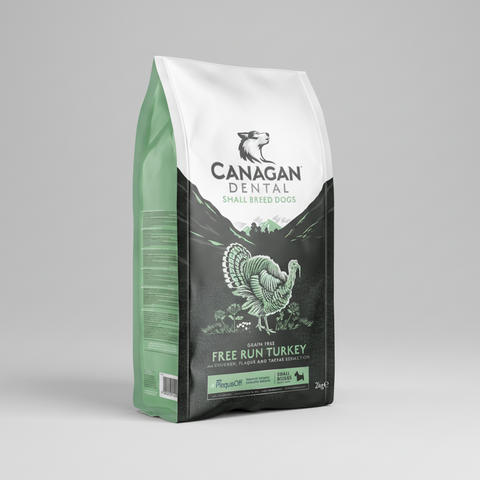 Canagan Dental free run turkey dog food package on a white background