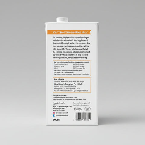 The back of a 500ml bag of K&H Natural Supplements bone broth supplement for dogs and cats, featuring product details, ingredients, and instructions on a white background.