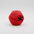 Red natural rubber fetching dog toy with a black paw print design on a white background